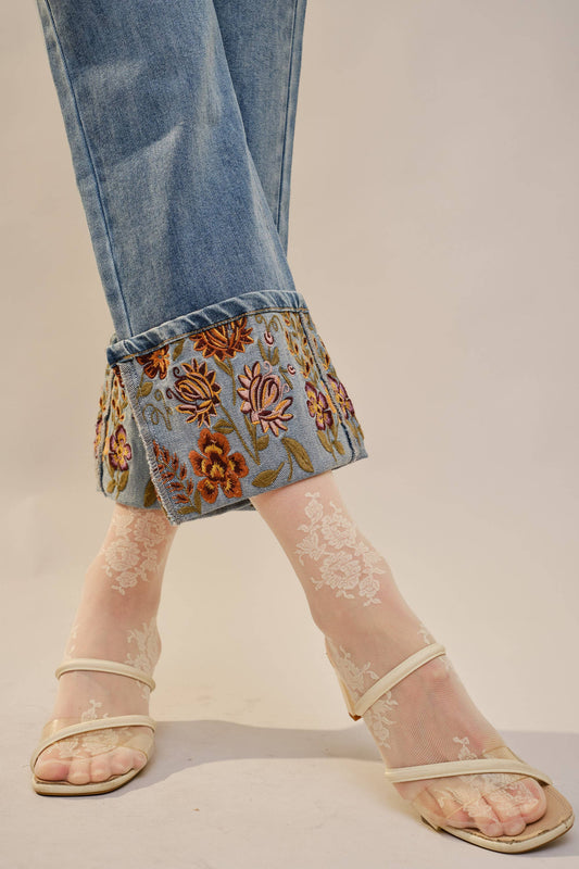 Fall Floral Embroidered Cuffed Jeans – High Rise Cropped Denim