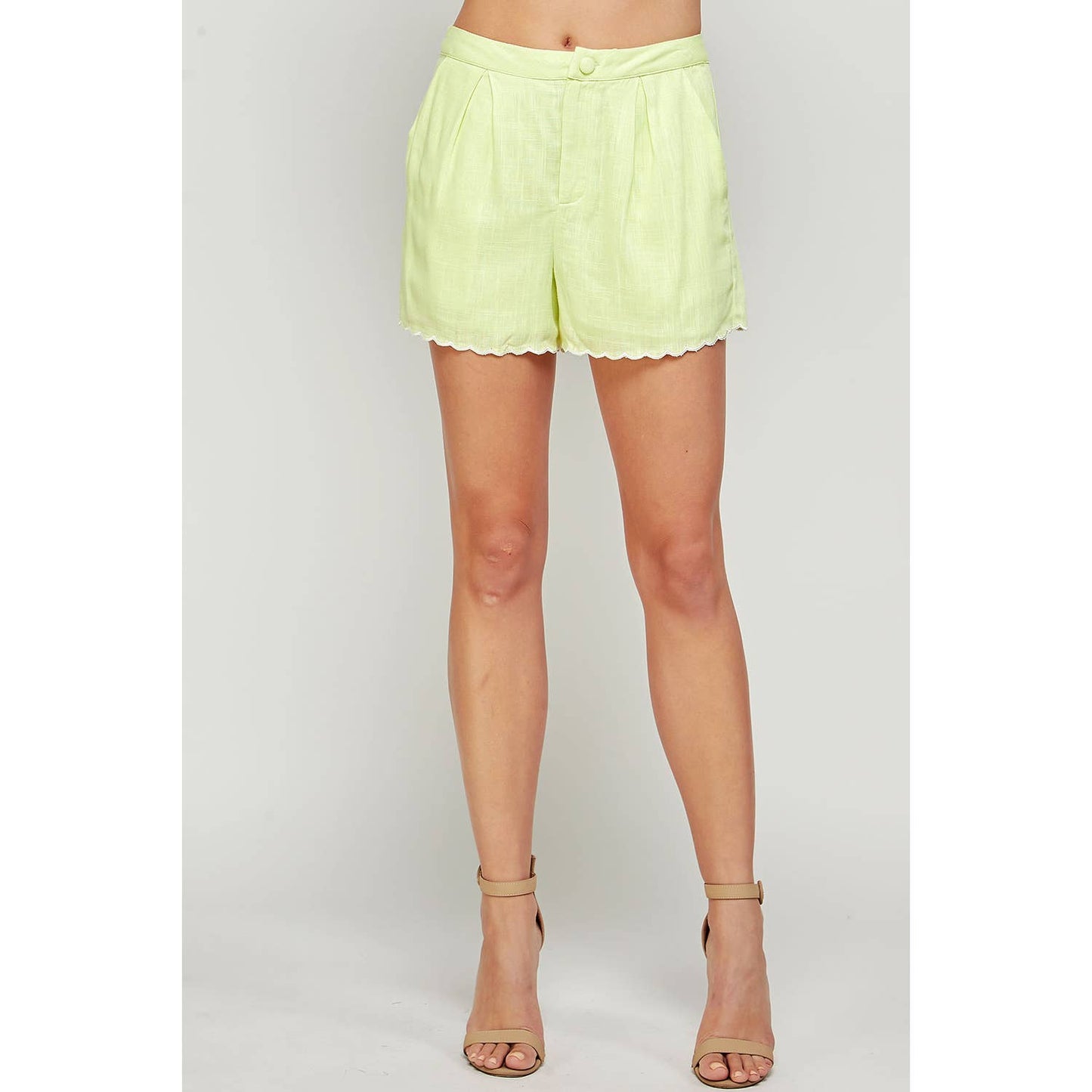 Tulip Tipsy Scallop Embroidered Hem Pale Yellow Linen Shorts