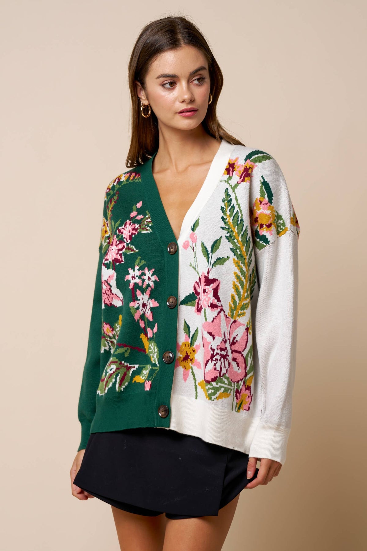 Willow Forest Green & White Floral Color Block Cardigan