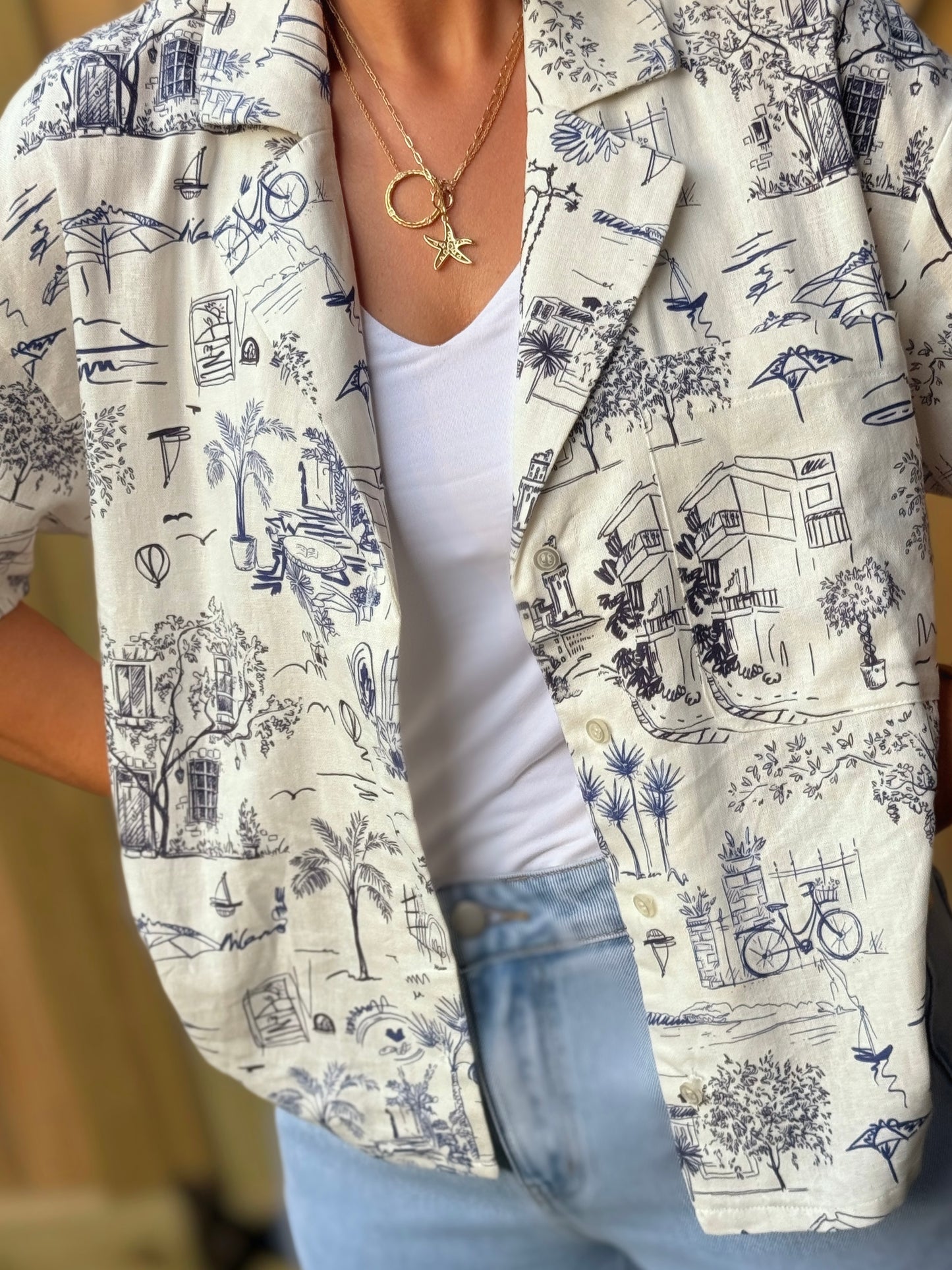 Chemise boutonnée en lin imprimé | Blouse femme fluide à manches courtes | Haut d'été léger | Chemise de vacances coupe décontractée