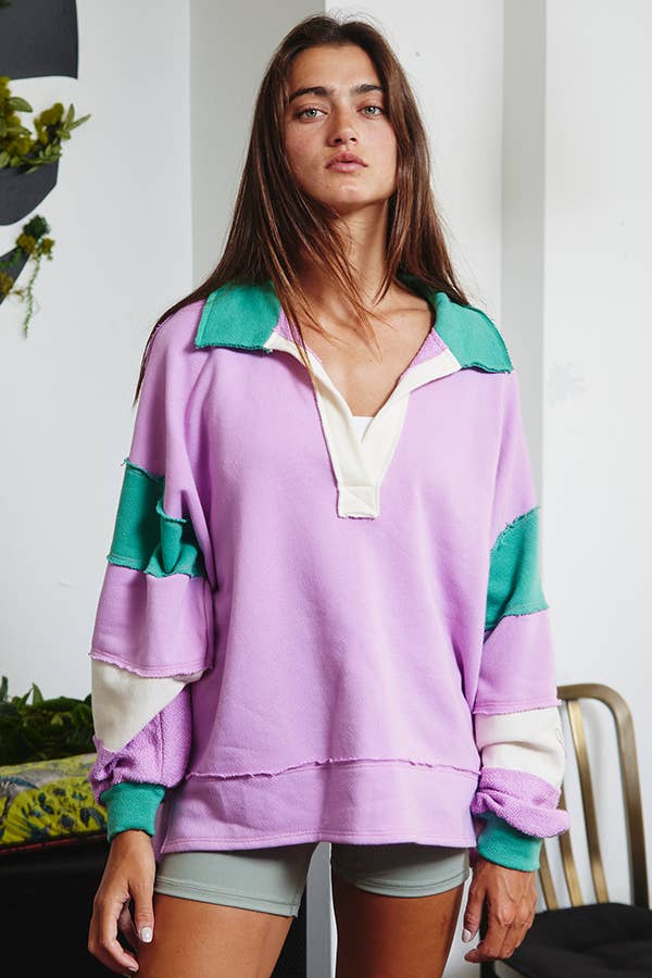 Lilac On The Lawn- French Terry Color-Block Collared Oversized Top