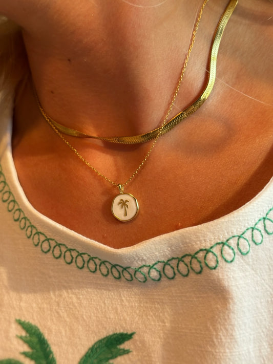 Gold Palm Tree Necklace | Coastal Beach Pendant Necklace | 18K Gold Plated Enamel Jewelry | Tropical Vacation Necklace Gift for Her
