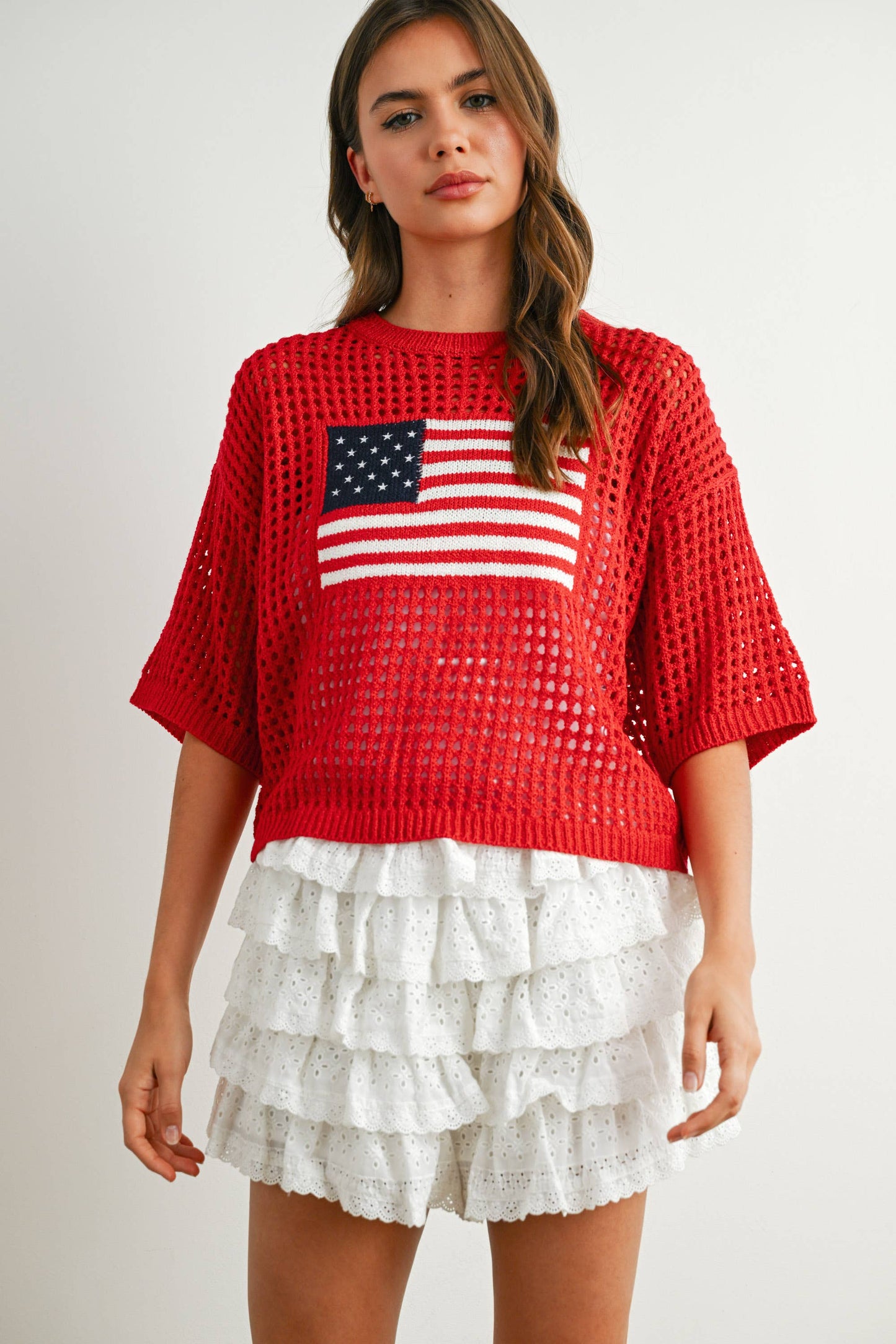 American Flag Open Knit Sweater Top | Lightweight Patriotic Crochet Pullover
