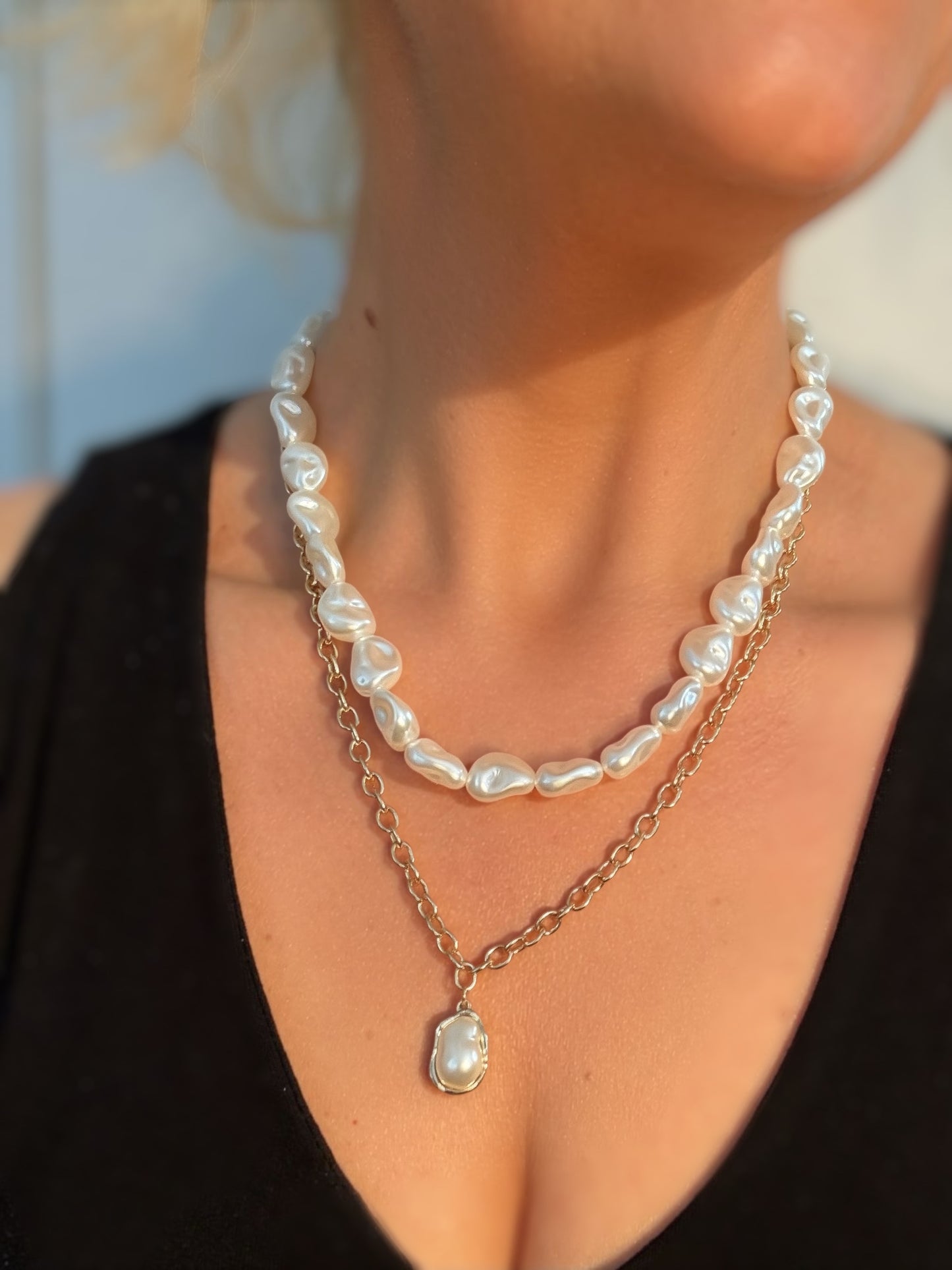 Collier Pendentif Perle Superposé Chaîne Perles Polies