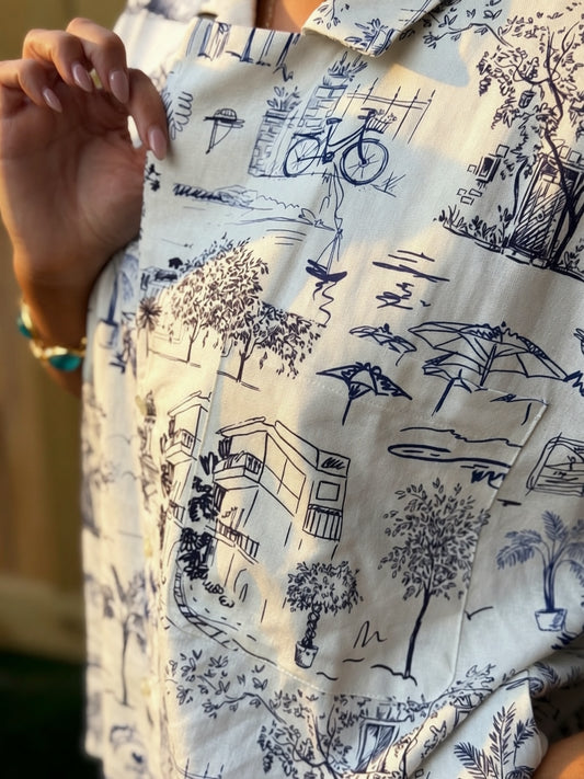 Printed Linen Button Down Shirt | Women’s Coastal Short Sleeve Blouse | Lightweight Summer Top | Relaxed Fit Vacation Shirt