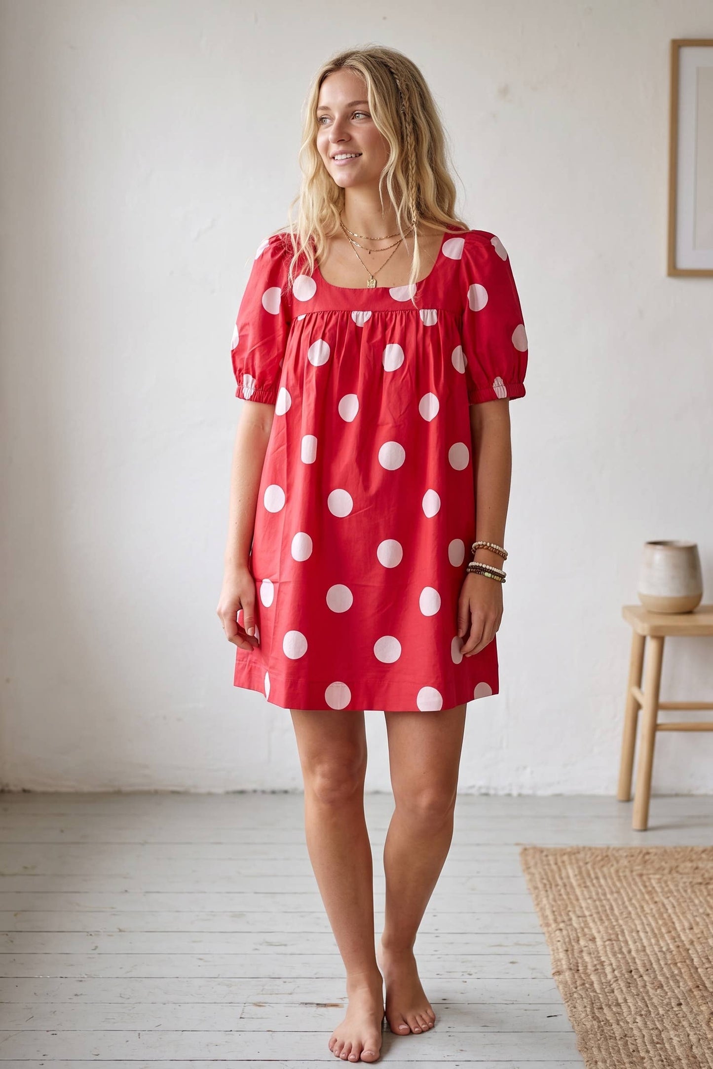 Gameday Polka Dot Puff Sleeve Dress: RED/BLACK / L