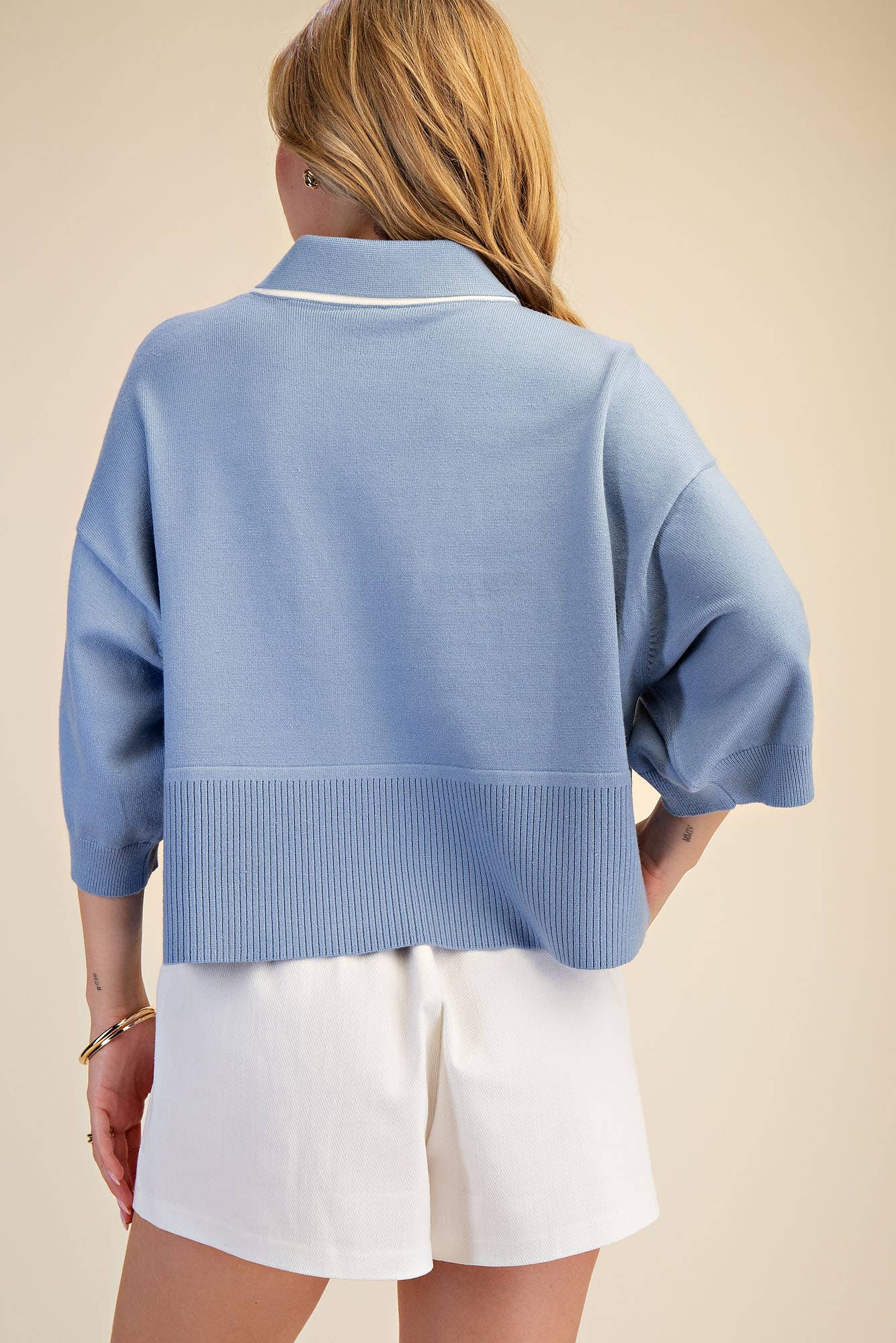 Cloud Blue Varsity Stripe Collared Sweater