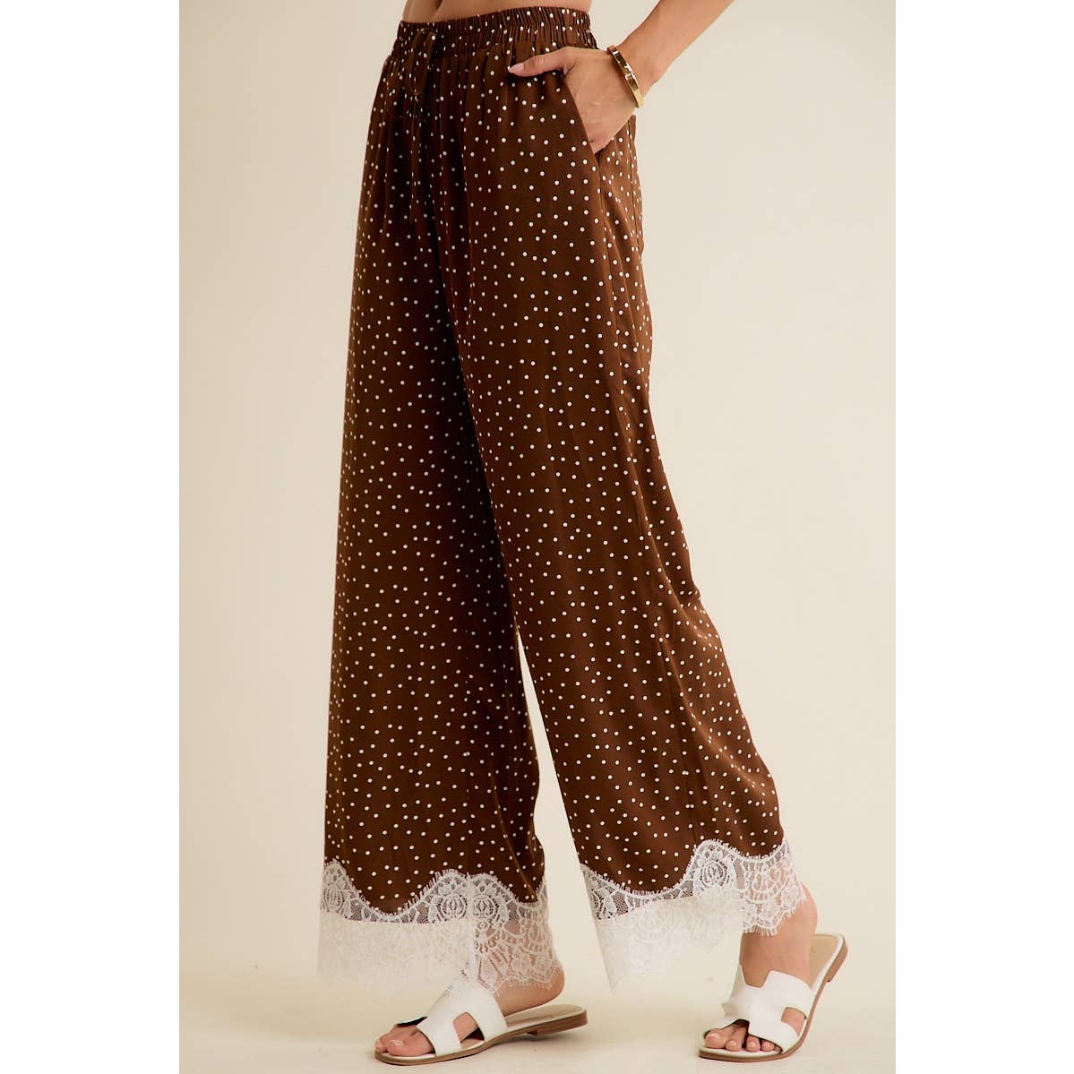 Satin Polka Dot Wide Leg Pants with Lace Trim – Chocolate Brown