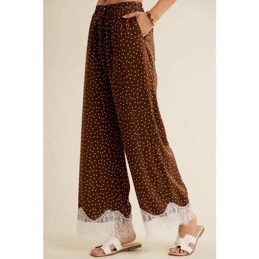 Satin Polka Dot Wide Leg Pants with Lace Trim – Chocolate Brown