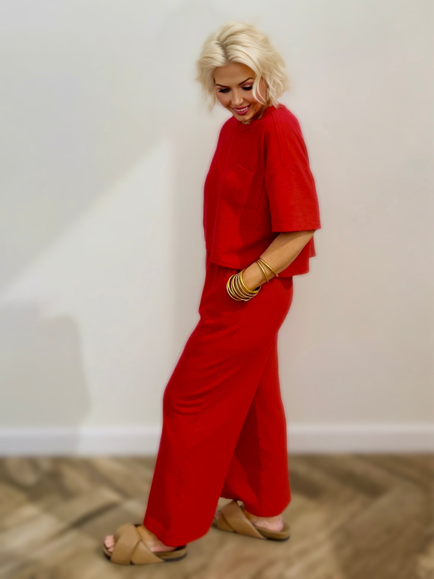 Red Wide-Leg Lounge Pants | Elastic Waist Relaxed Fit Pants