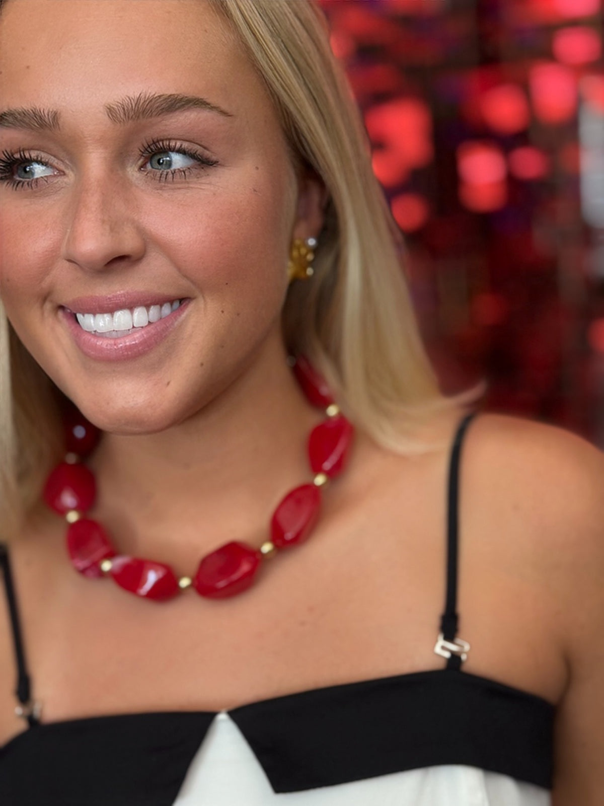 She's Spicy: Red Marble Pebble & Gold Ball Statement Necklace