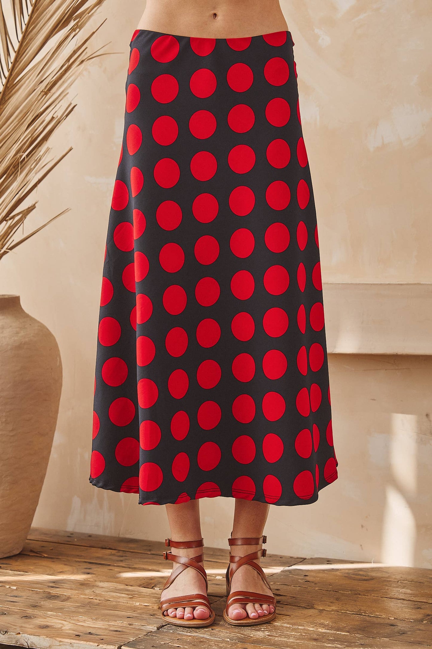 Red & Black Polka Dot Midi Skirt – Classic Statement Skirt