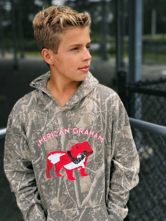 Youth Abstract Bulldog on Deadwood Camo Graphic Hoodie - American Graham Apparel American Graham Apparel