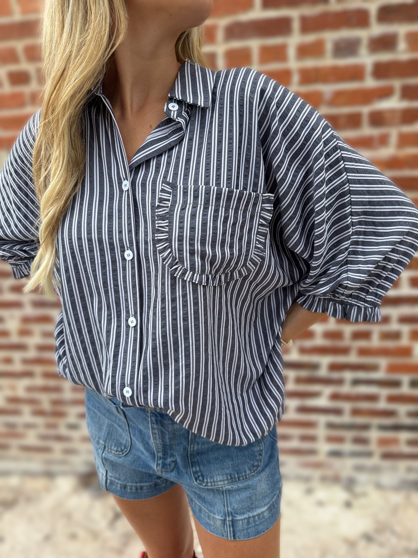 Black Striped Button Down Oversized Blouse