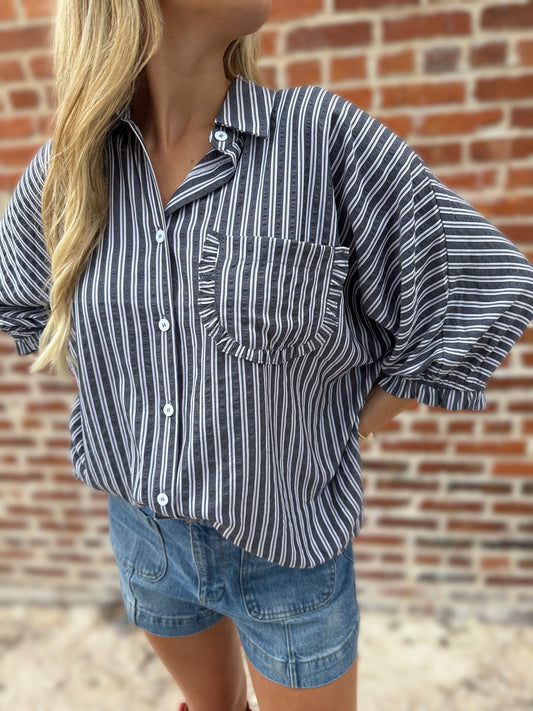 Black Striped Button Down Oversized Blouse