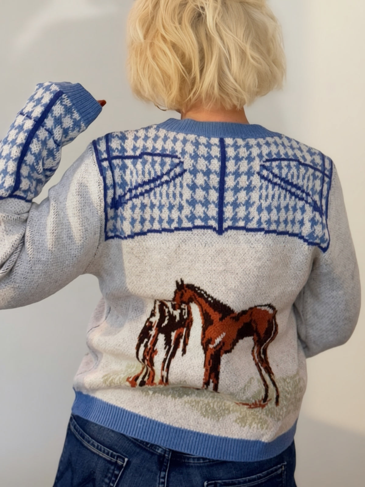 Dusty Blue Horse Motif Houndstooth Knit Sweater