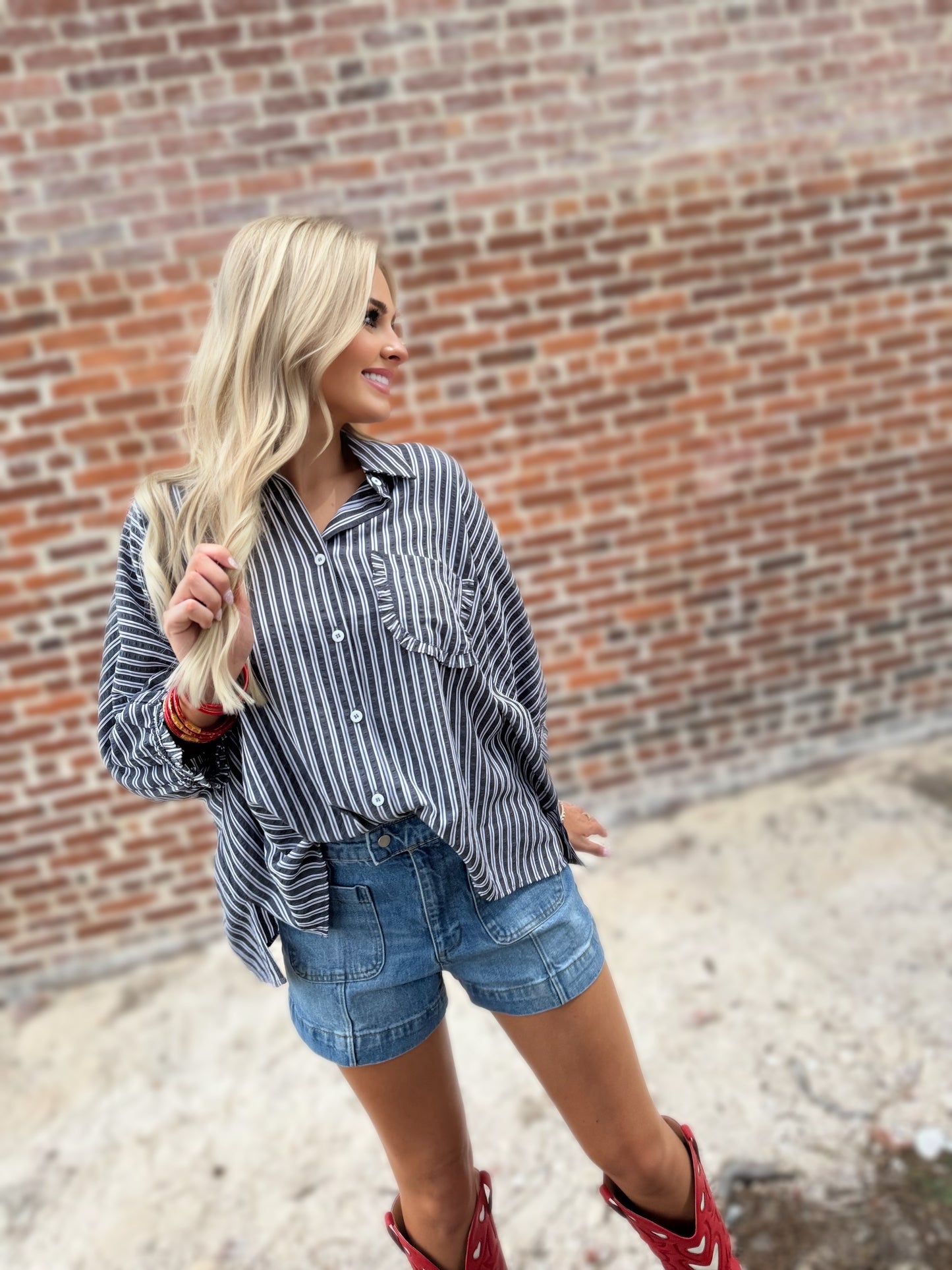Black Striped Button Down Oversized Blouse