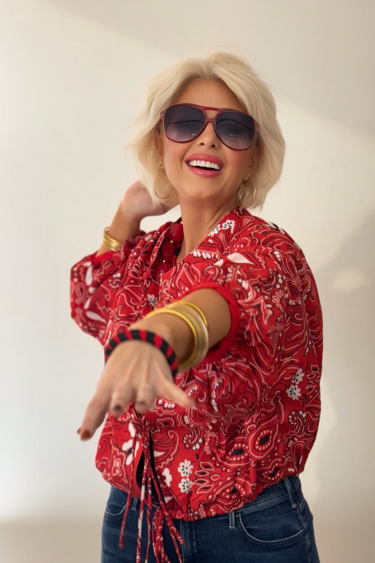 Red Paisley Tie-Front Cropped Jacket
