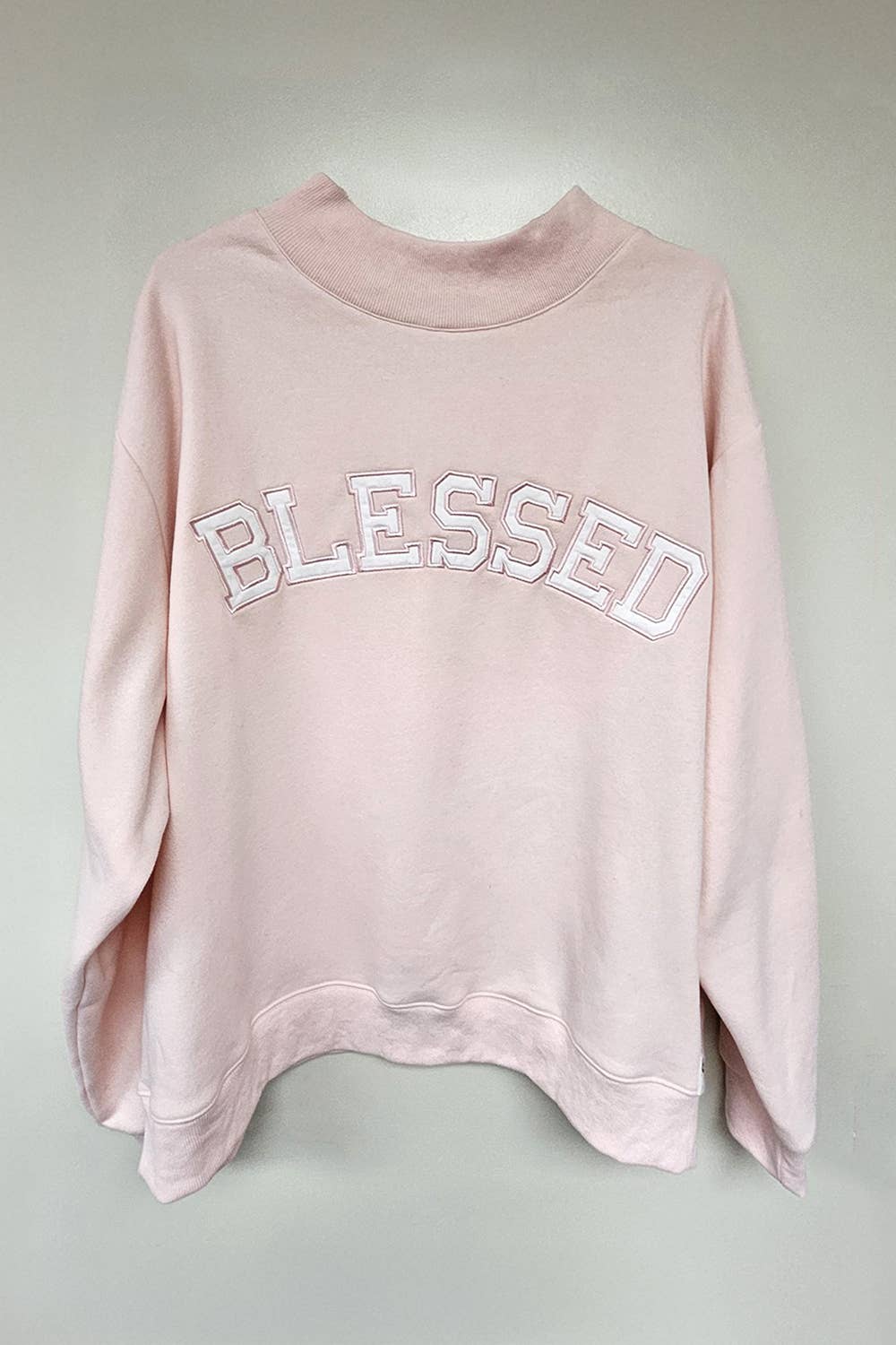 Sweet Peony BLESSED Baby Pink Embroidered Mockneck Sweatshirt - American Graham Apparel