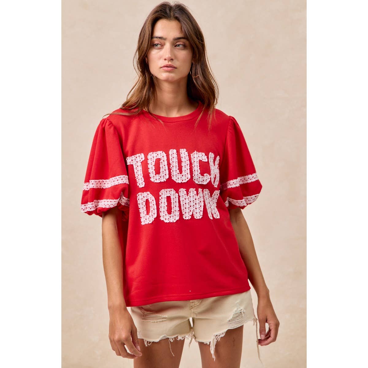 GAMEDAY THEME SLEEVE TOP WITH TOUCH DOWN PATCHWORK: GREEN / L