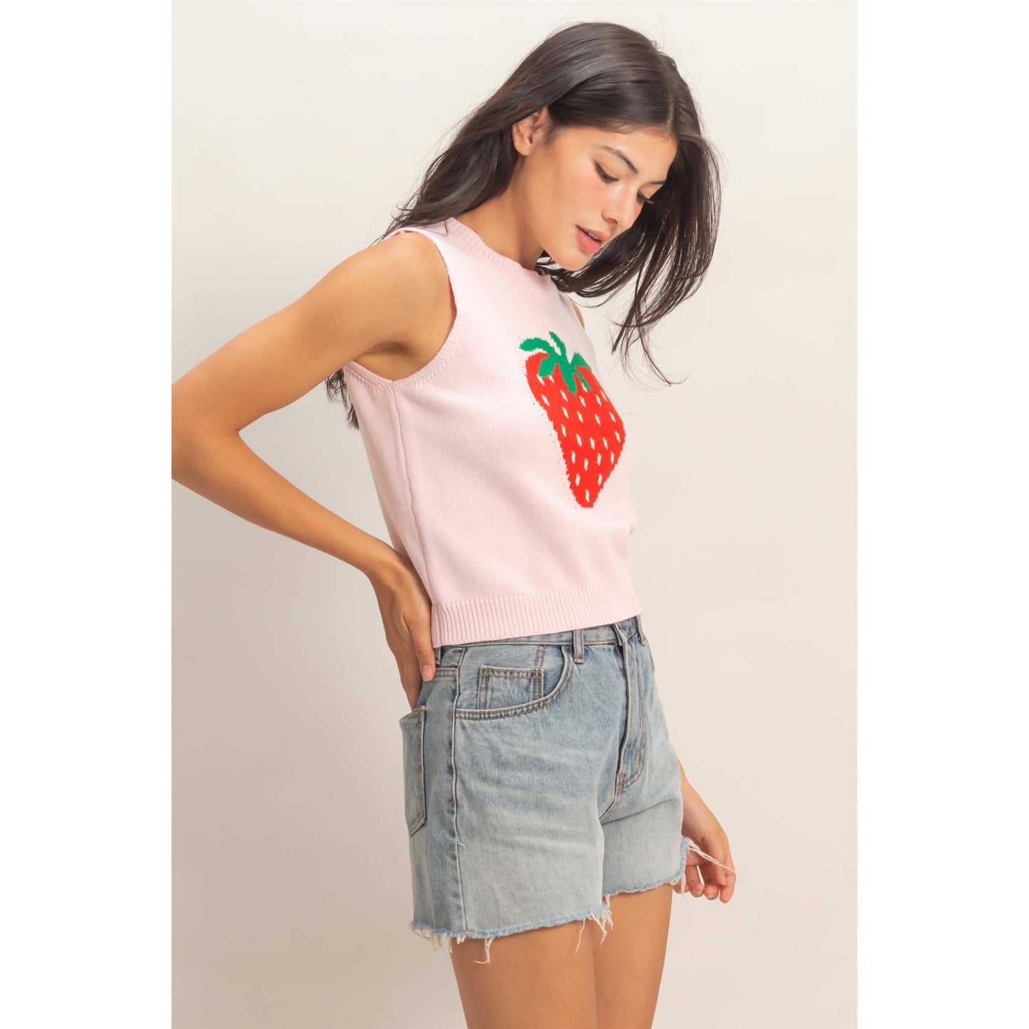 strawberry graphic knit tank top women cropped fitted sleeveless cute summer outfit top