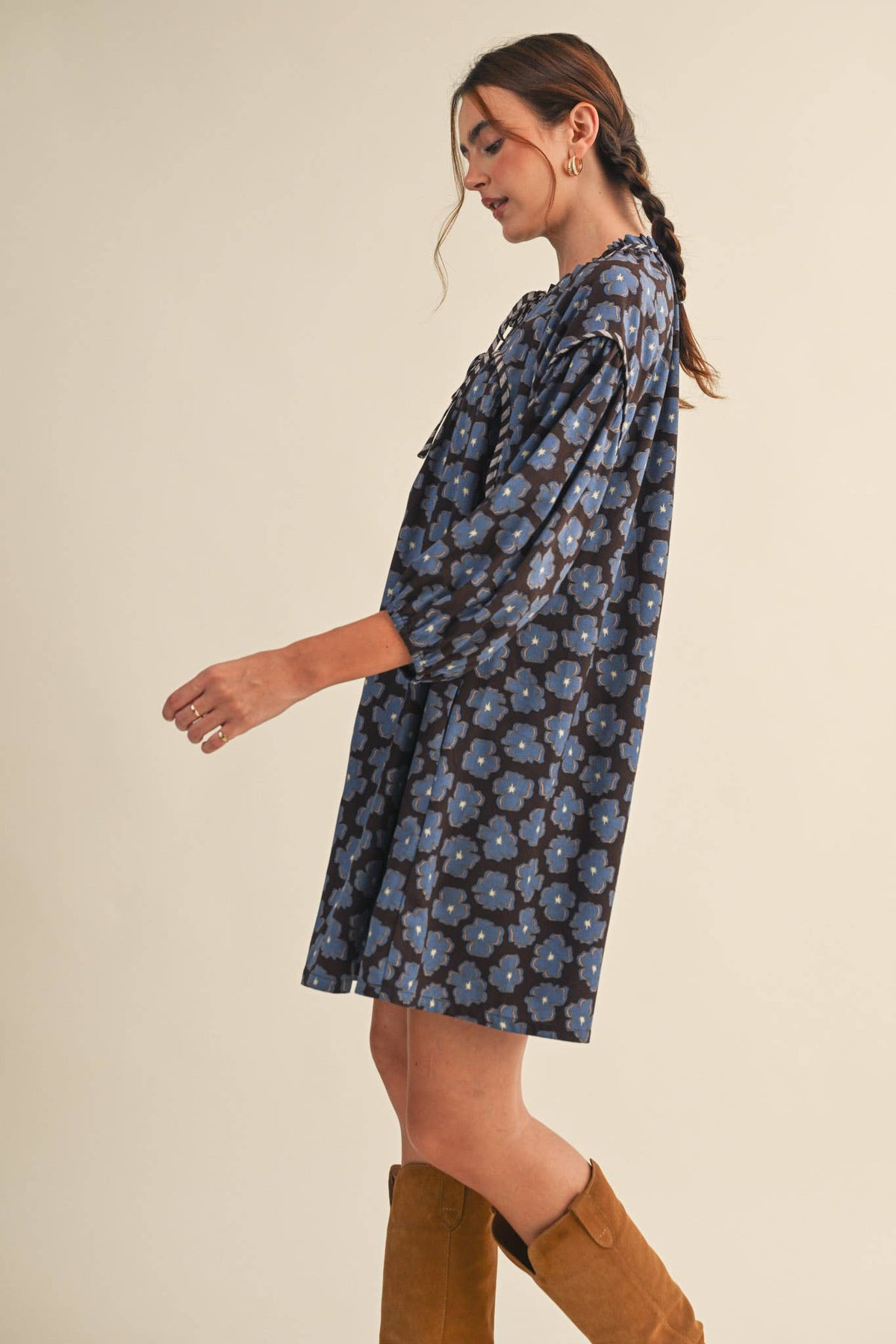 Brown & Blue Floral Tie-Neck Mini Shift Dress