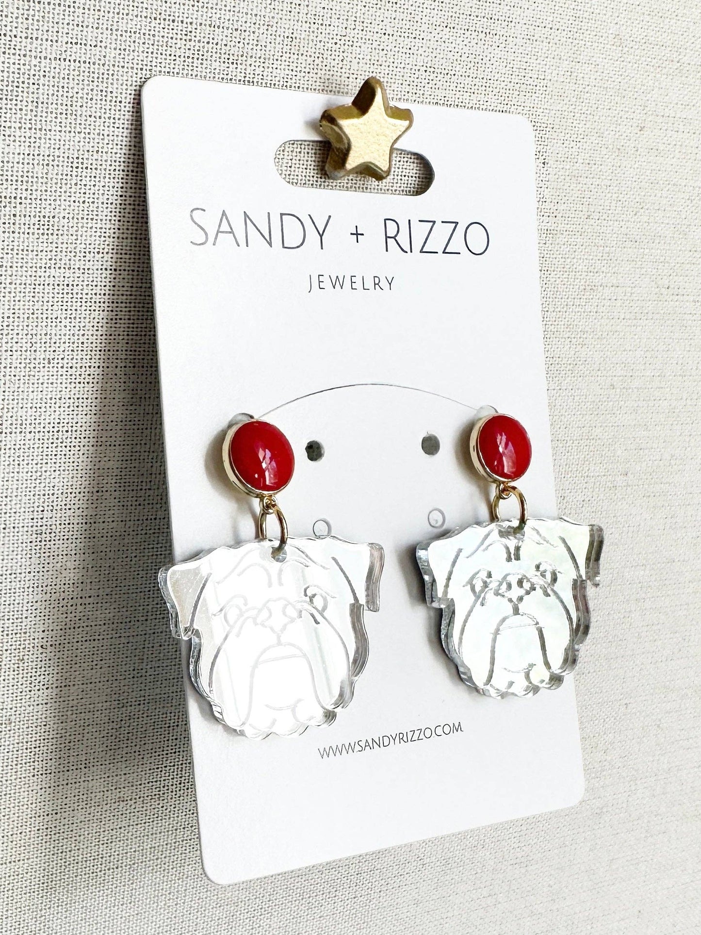 Medium Silver Mirrored Acrylic Bulldog Dangle with Red Enamel Top - American Graham Apparel