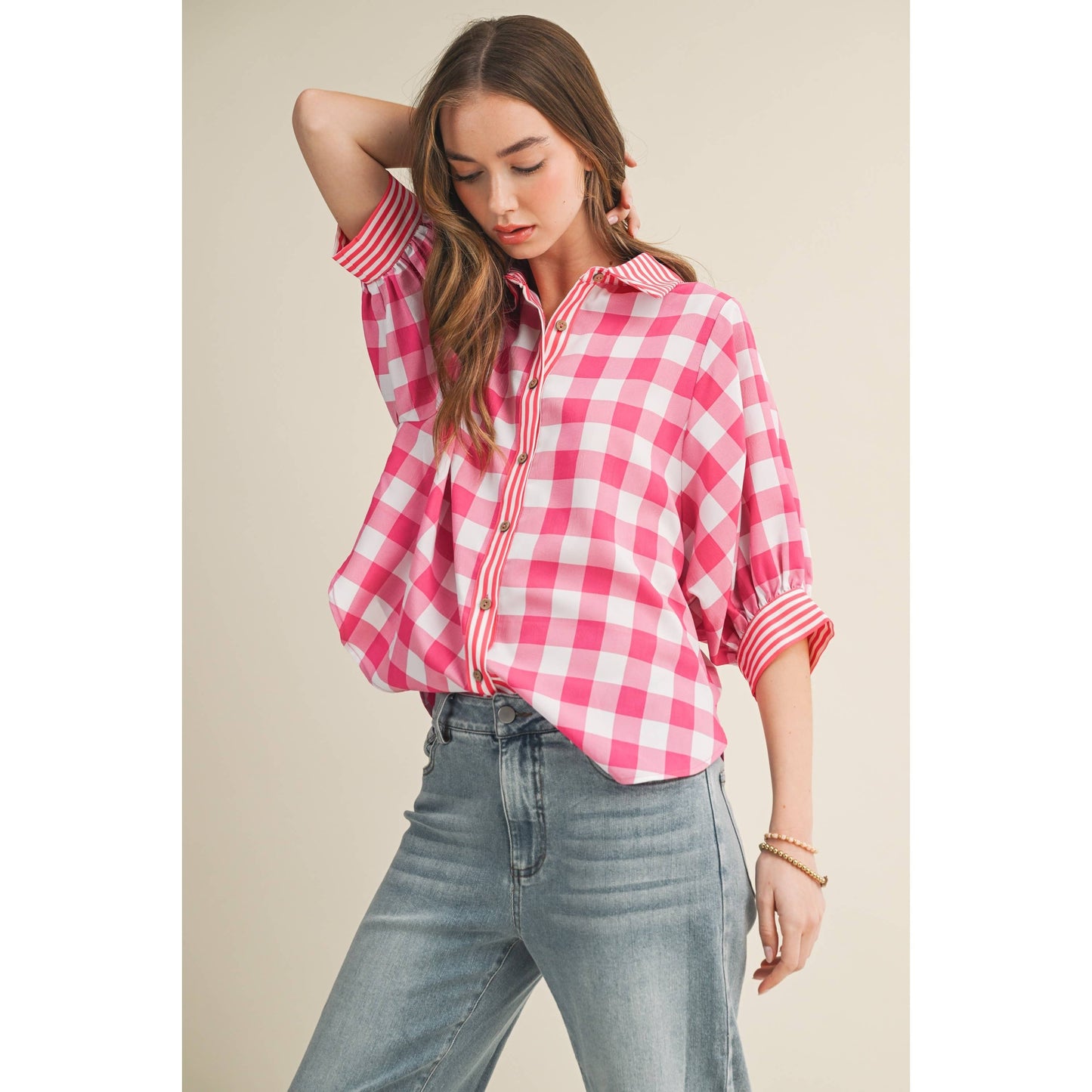 Romantic Gingham Check Pattern Elegant Blouse: RED / S-M-L-XL(2-2-2-1)