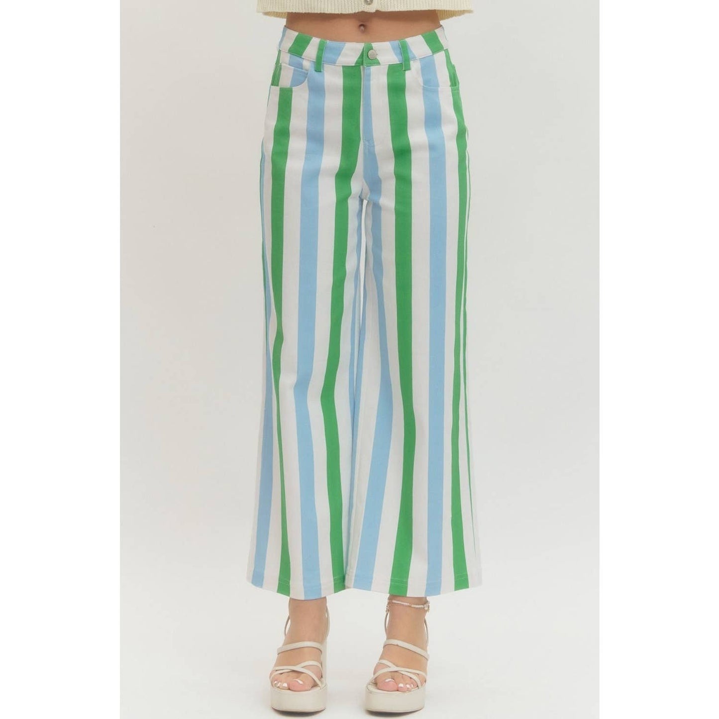 Green & Blue Stripe Straight-Leg Pants | Lightweight Cotton Wide Leg Pants