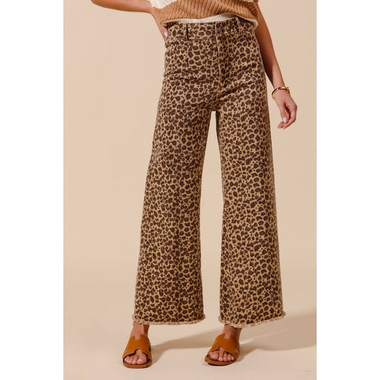 Mid-Rise Leopard Print Wide-Leg Jeans with Frayed Hem