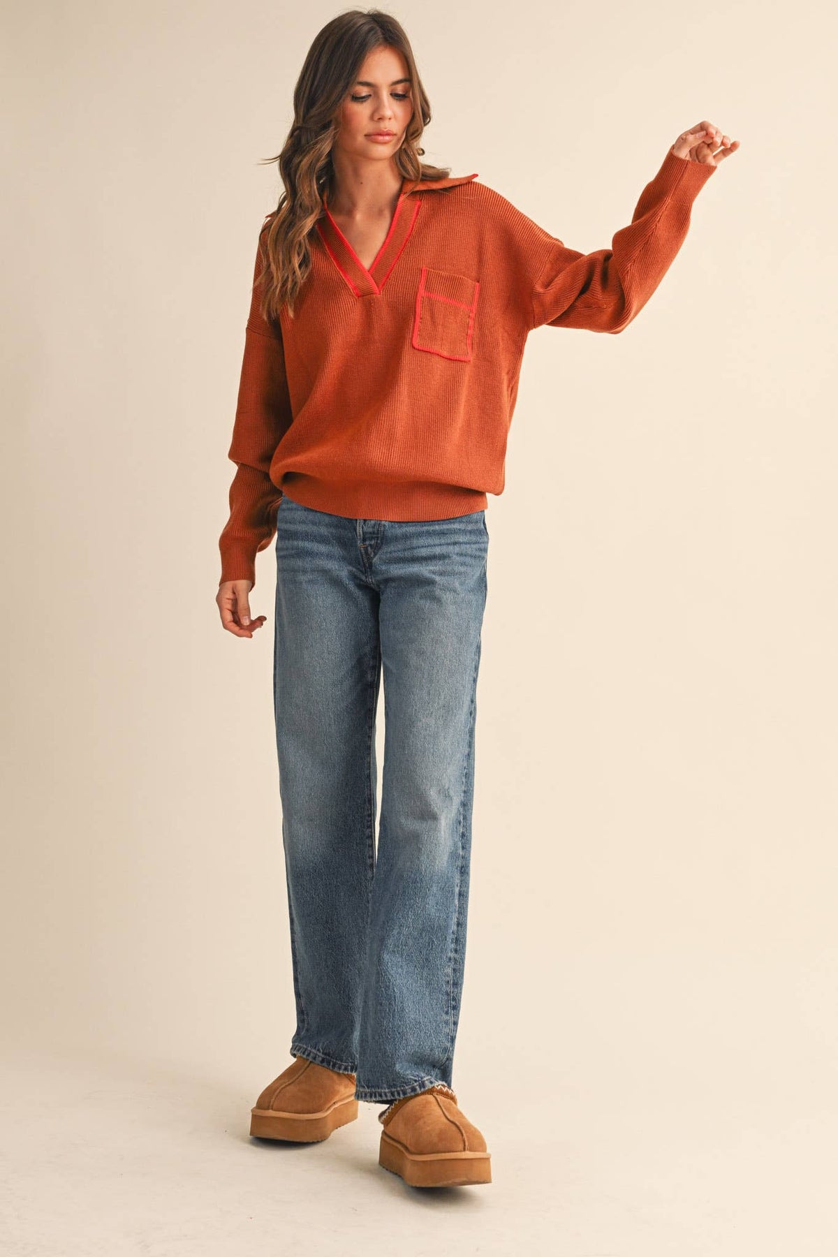 Ginger Ribbed Collared V-Neck Pullover Sweater