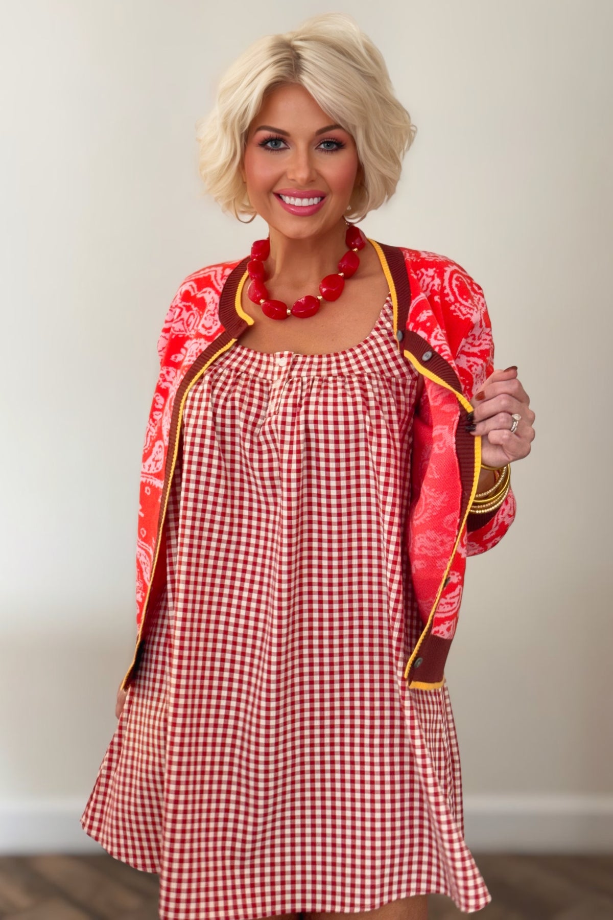 Poppy Red Paisley Knit Button-Down Cardigan Sweater