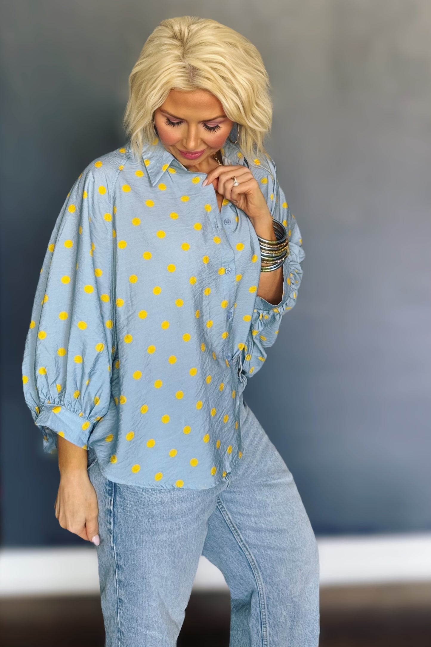 Freshly Picked Pale Blue Oversized Button-Down Polka Dot Blouse