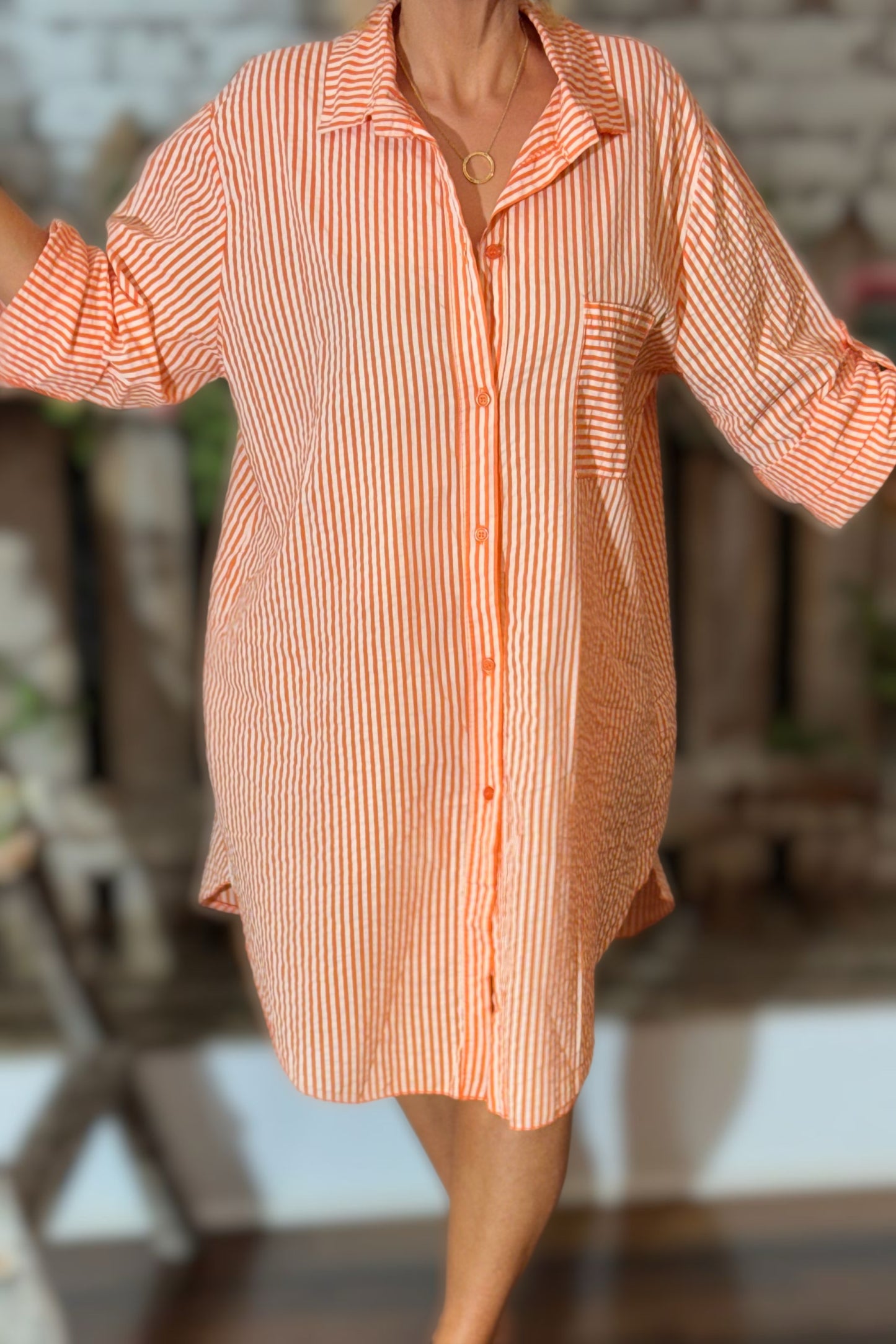 Robe chemise en coton rayée orange CACCUO