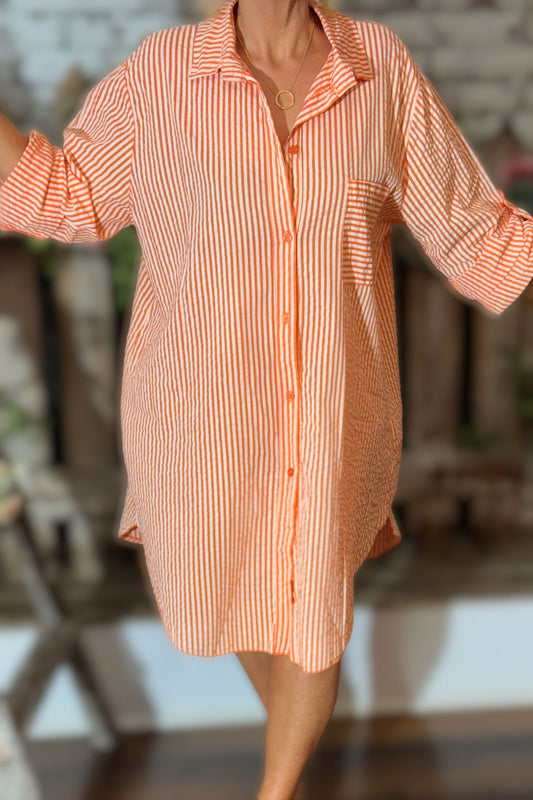 Sunset Stroll Italian Orange Stripe Shirt Dress