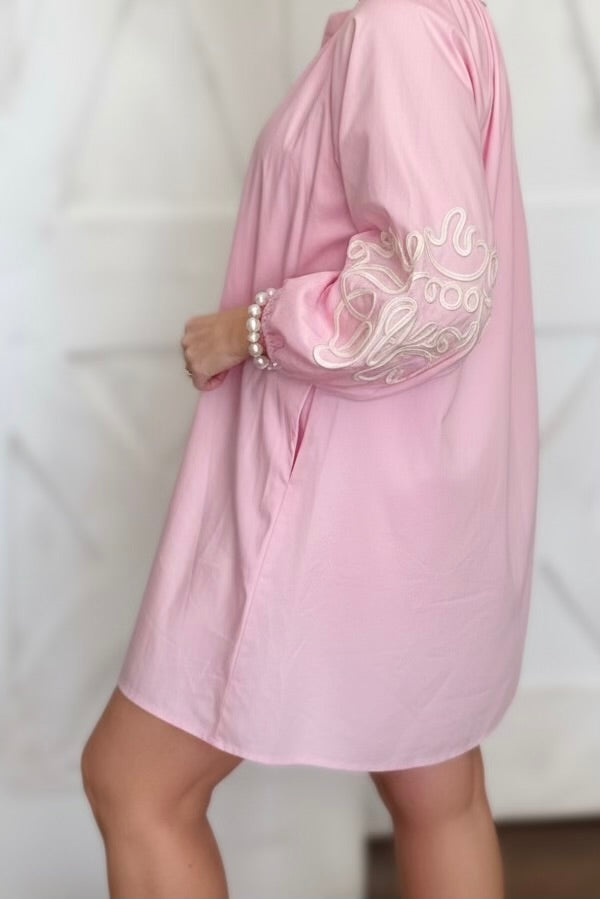 The Sunday Brunch Embroidered Sleeve Baby Doll Button Down Mini Dress