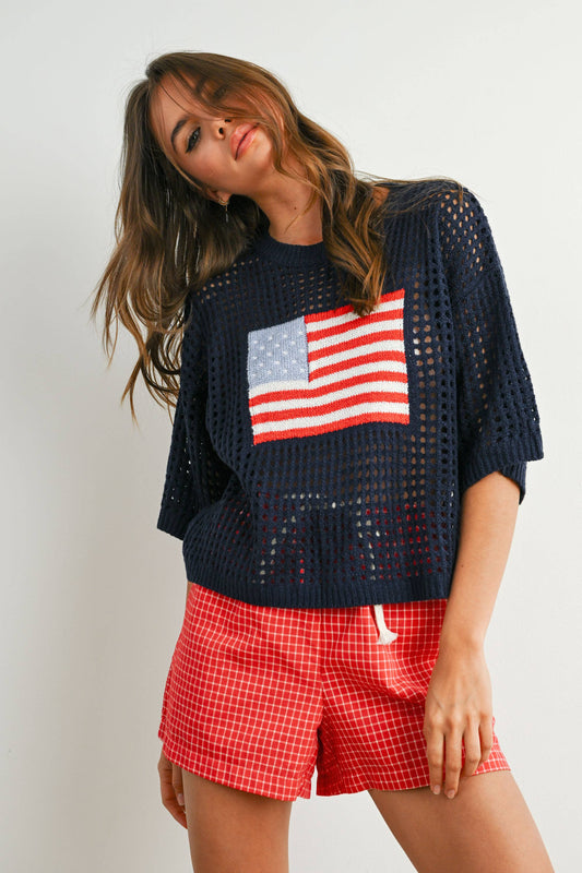 Navy American Flag Open Knit Sweater Top | Lightweight Patriotic Crochet Pullover