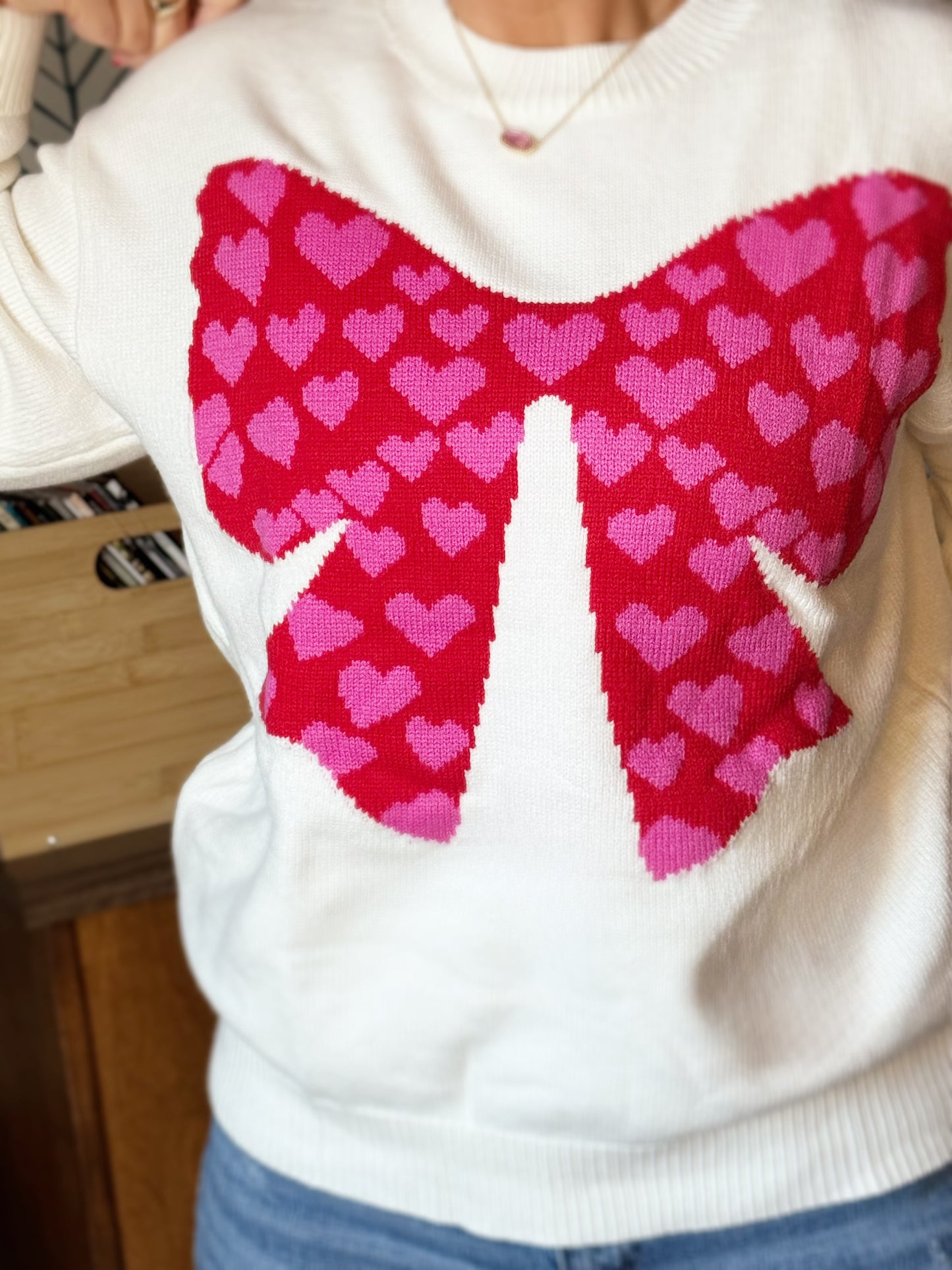 Cupid Approved Valentines Heart Bow Graphic Long Sleeve Knit Sweater