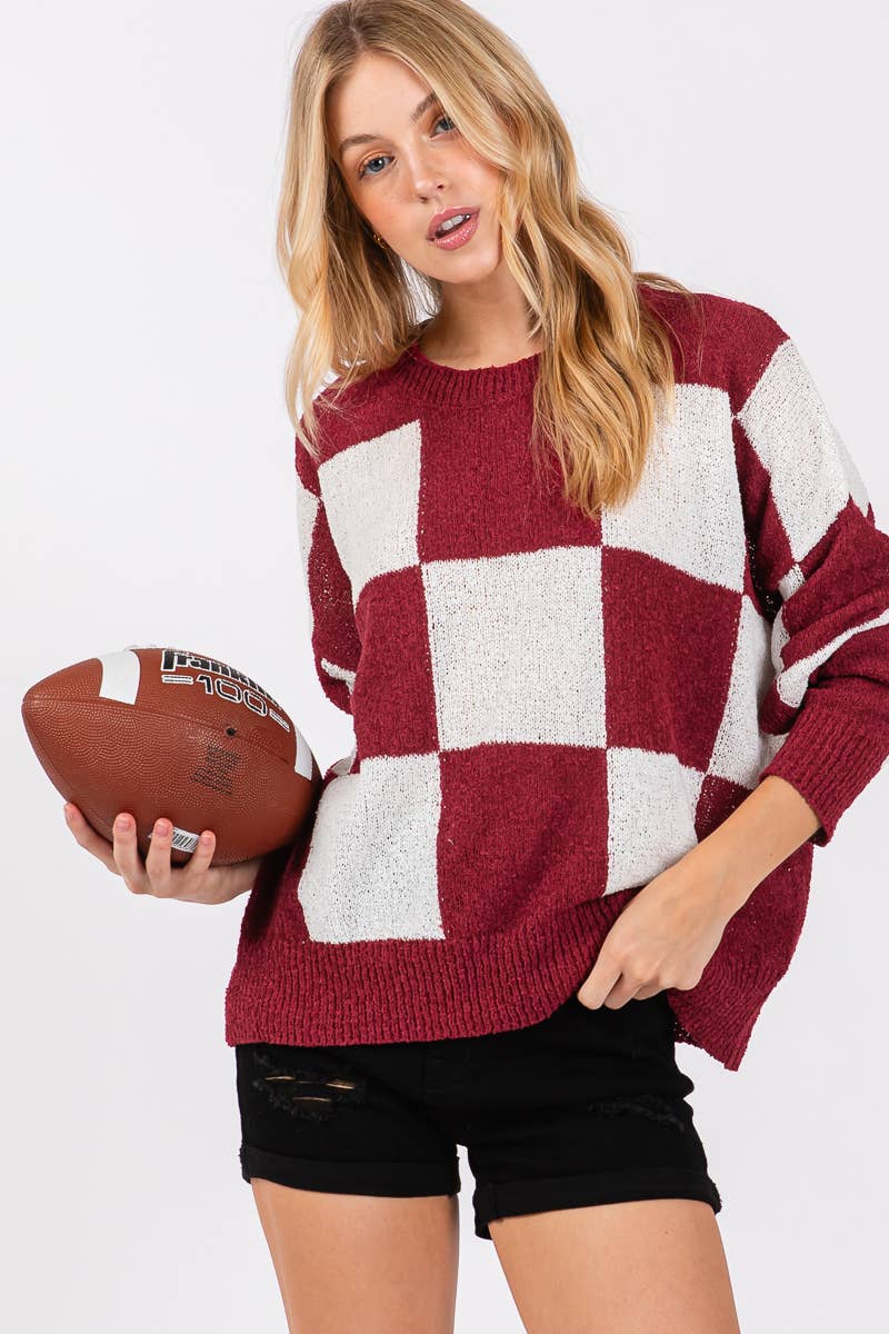 CHECKER SWEATER TOP : PURPLE/YELLOW / L