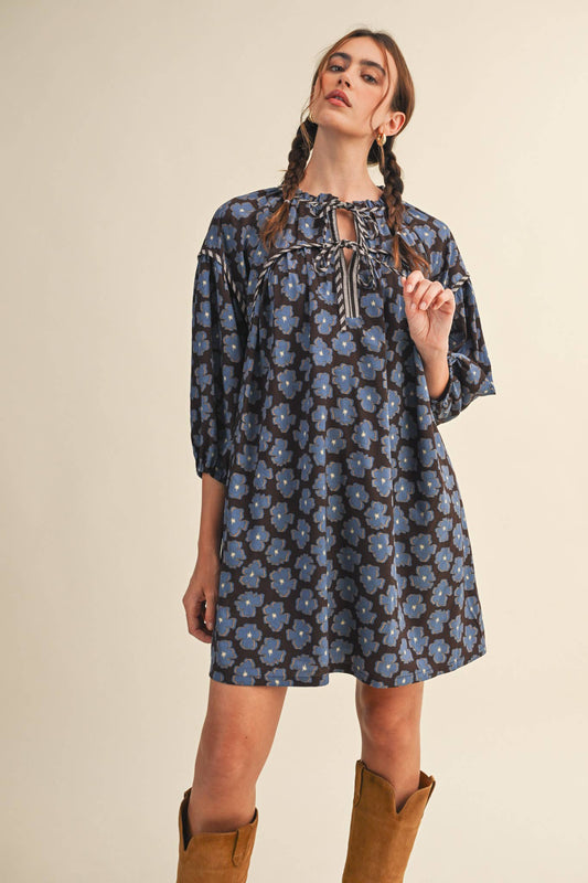 Brown & Blue Floral Tie-Neck Mini Shift Dress