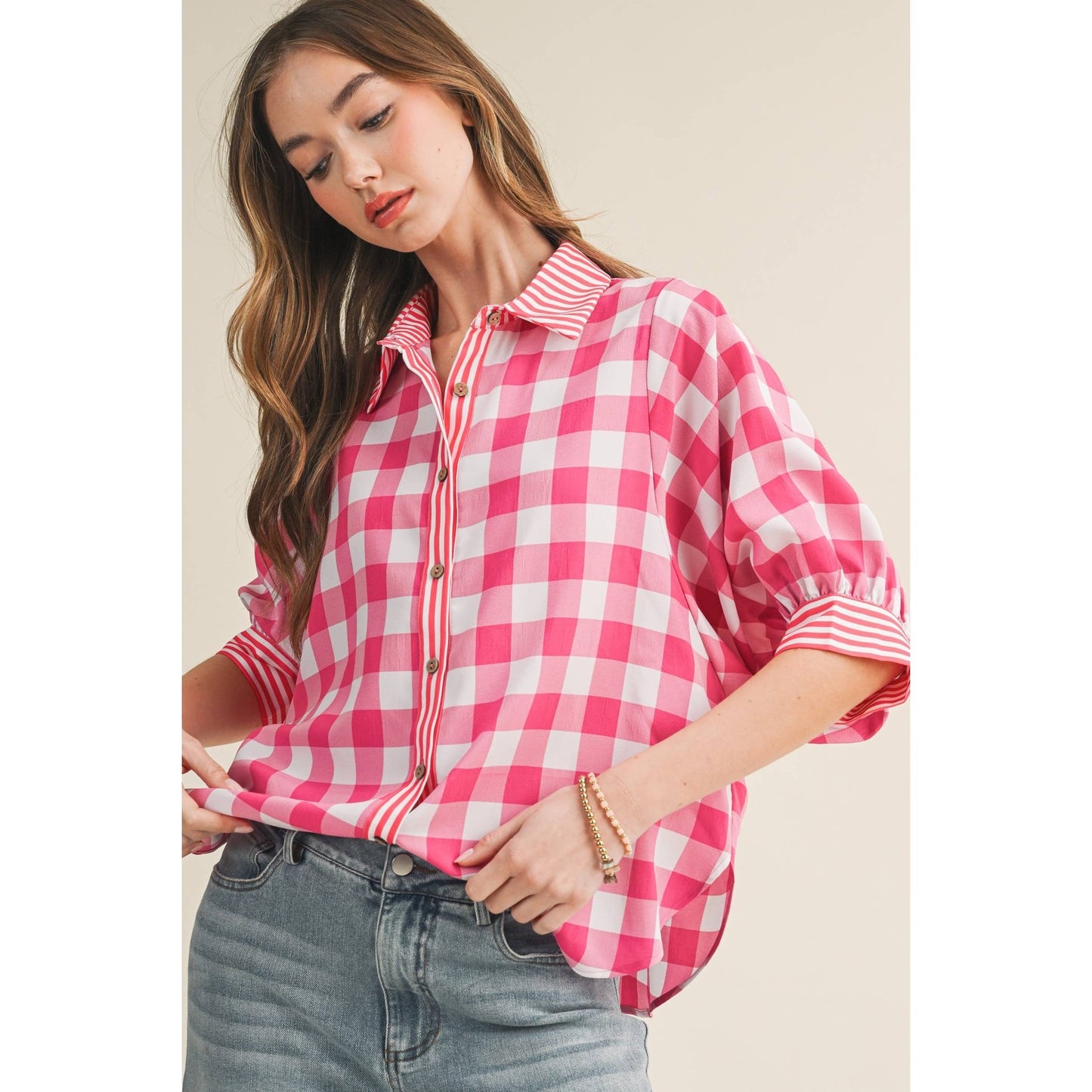Romantic Gingham Check Pattern Elegant Blouse: RED / S-M-L-XL(2-2-2-1)
