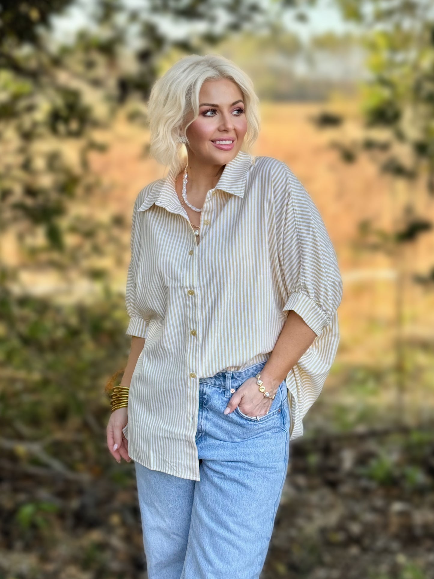 Spring Stripe Society Top: Creamy Yellow Striped Button-Down Relaxed Shirt
