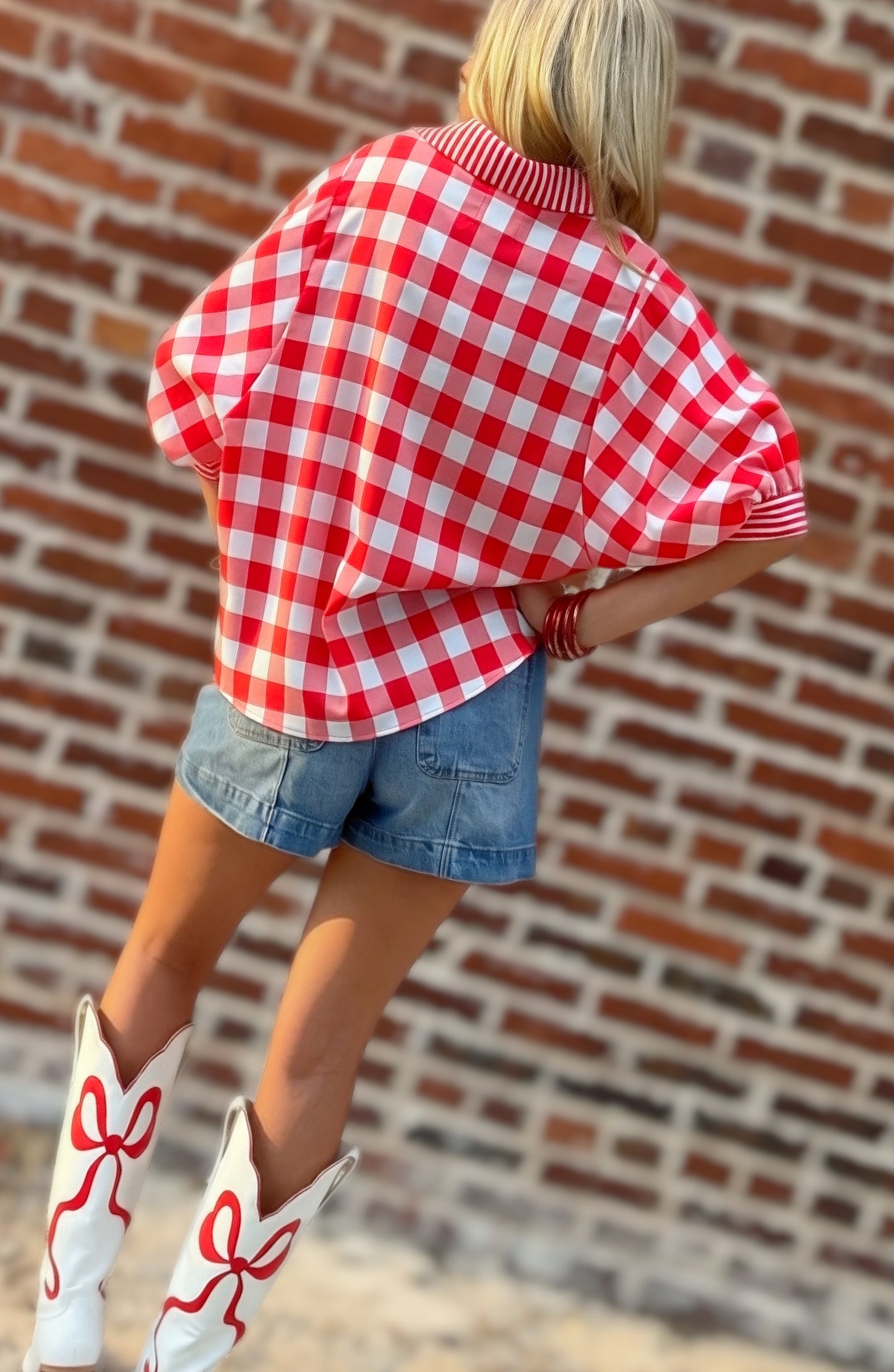 Rally Ready Red Gingham Contrast Stripe Button-Up Blouse