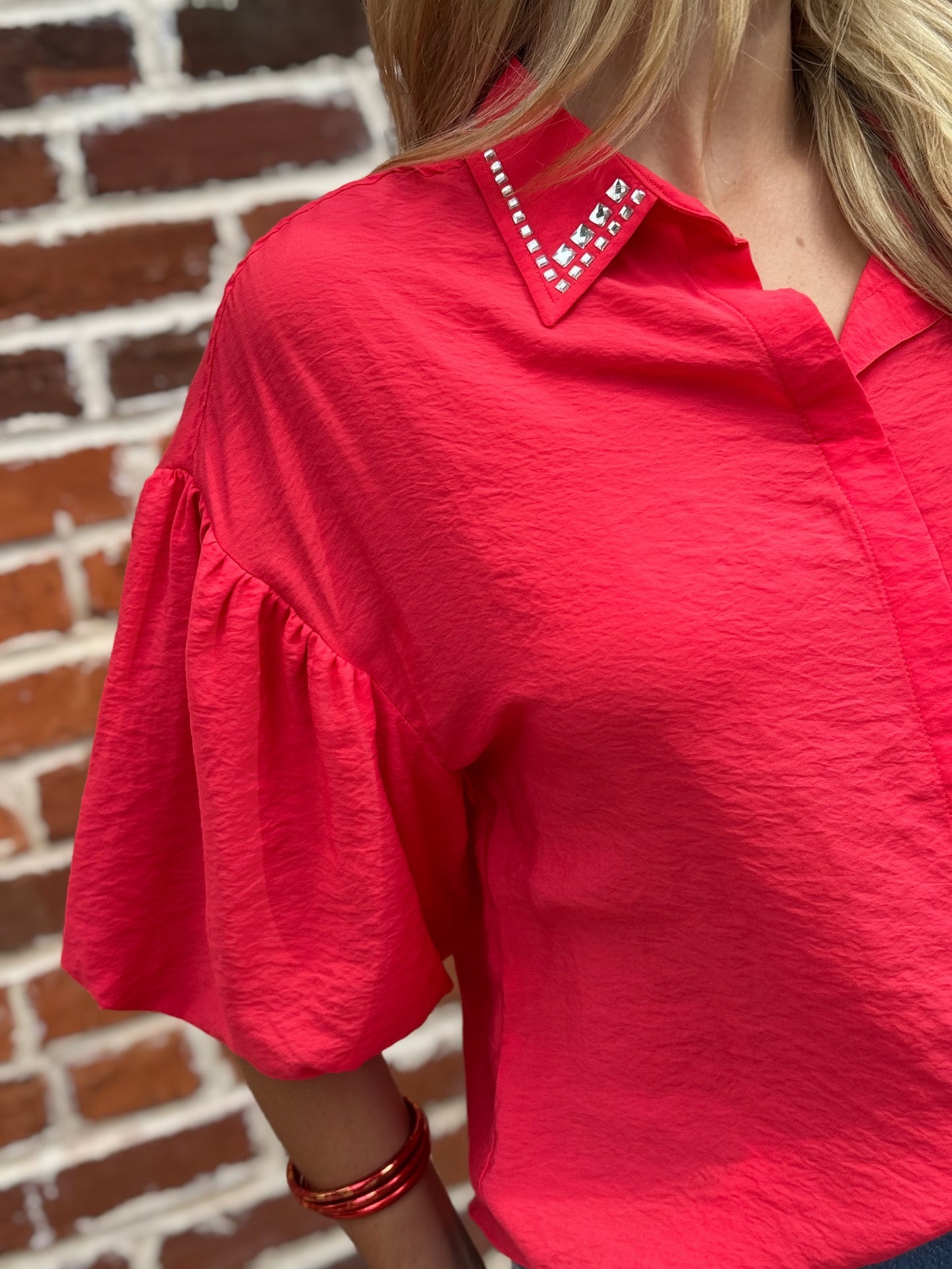 Too Too Hot Red Spark Rhinestone-Collar Blouse