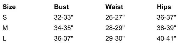 Size chart for clothing measurements with bust, waist, and hips dimensions.