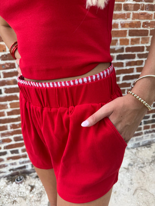 Red Ribbed Lounge Shorts with Gingham Waistband