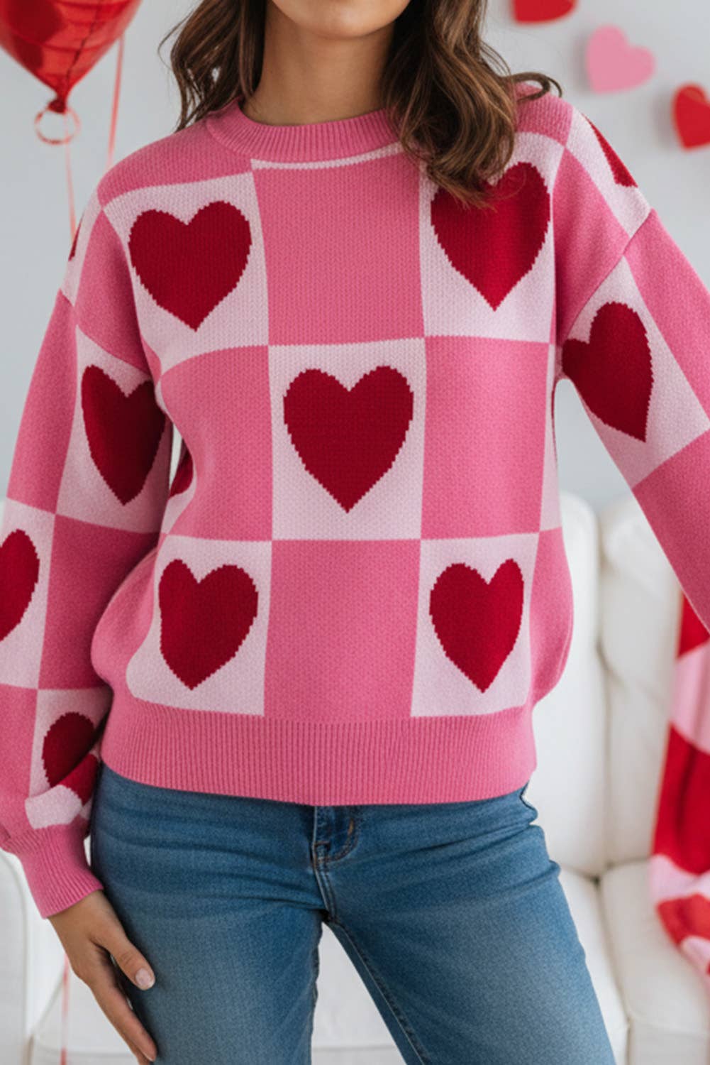 First Love Pink Heart Checkered Pattern Valentine Crew Neck Sweater