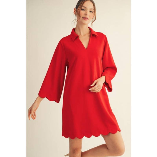 Red Scallop Hem Collared Swing Dress With Pockets