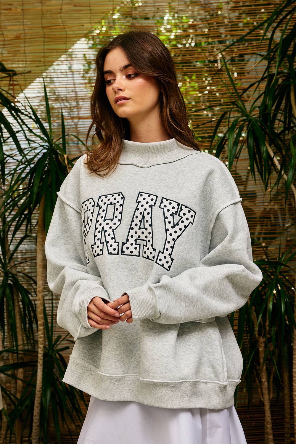 Polka Dot PRAY Appliqué Oversized Mock Neck Sweatshirt