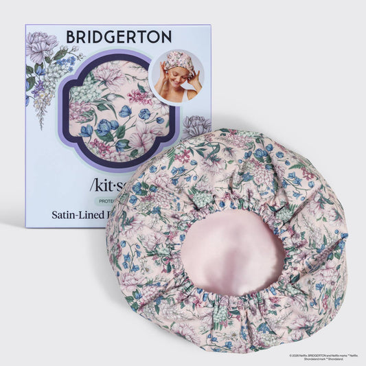 Floral satin-lined hair bonnet with Bridgerton branding and packaging.